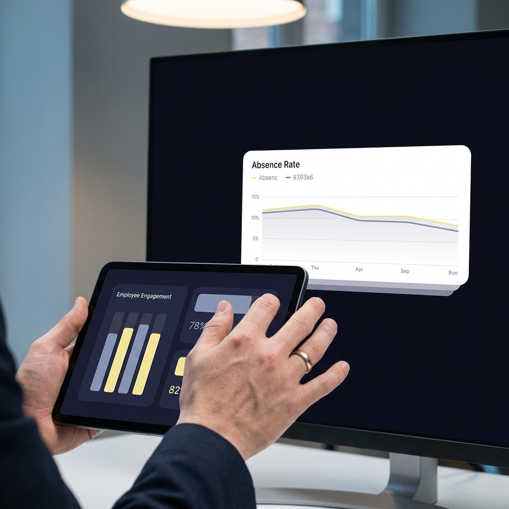 How to Recognize When Competition Becomes Harmful manager reviewing dashboard showing absence rate line chart and engagement bar chart close up hands interacting with data visualizations on dark Funded Plays branded background