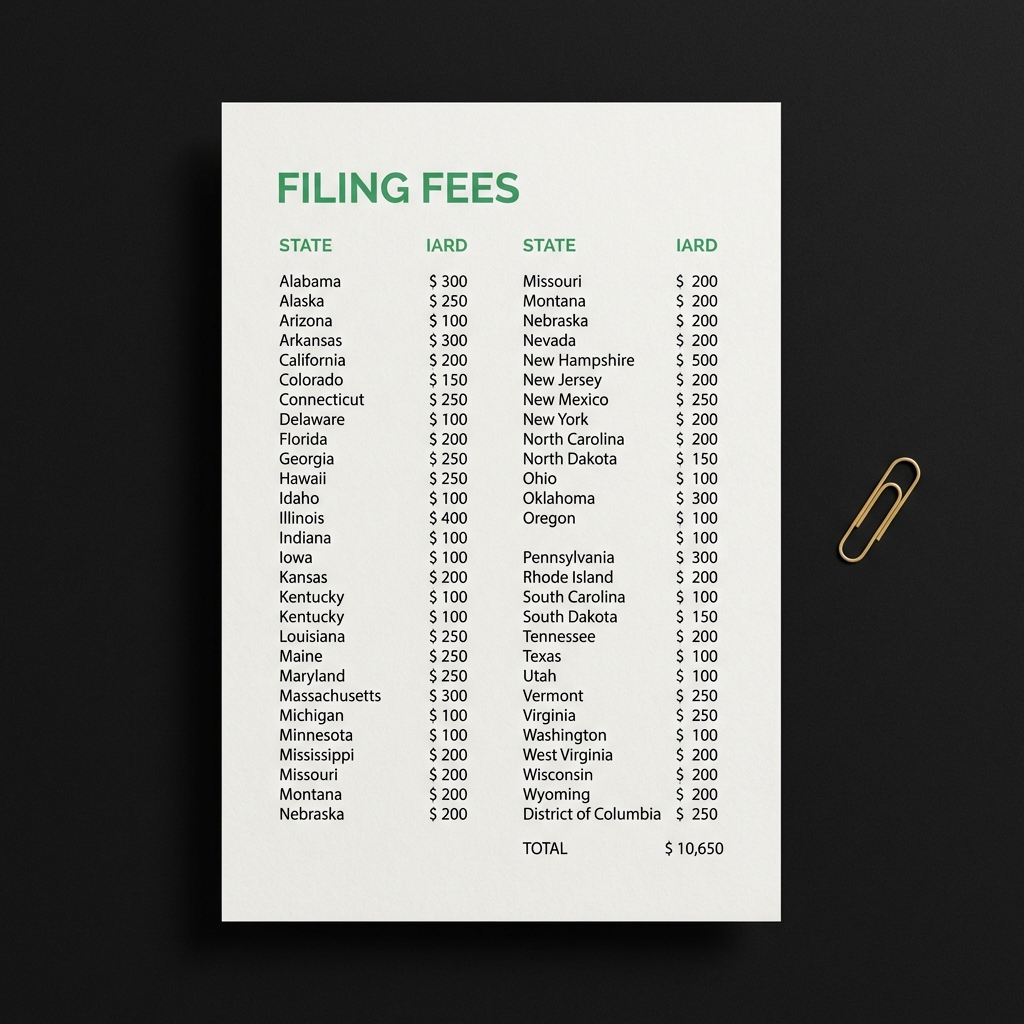 Close up flat lay of a printed filing fees checklist showing state and IARD columns on a dark Finance Police branded table, clean minimal composition for how to start an ria