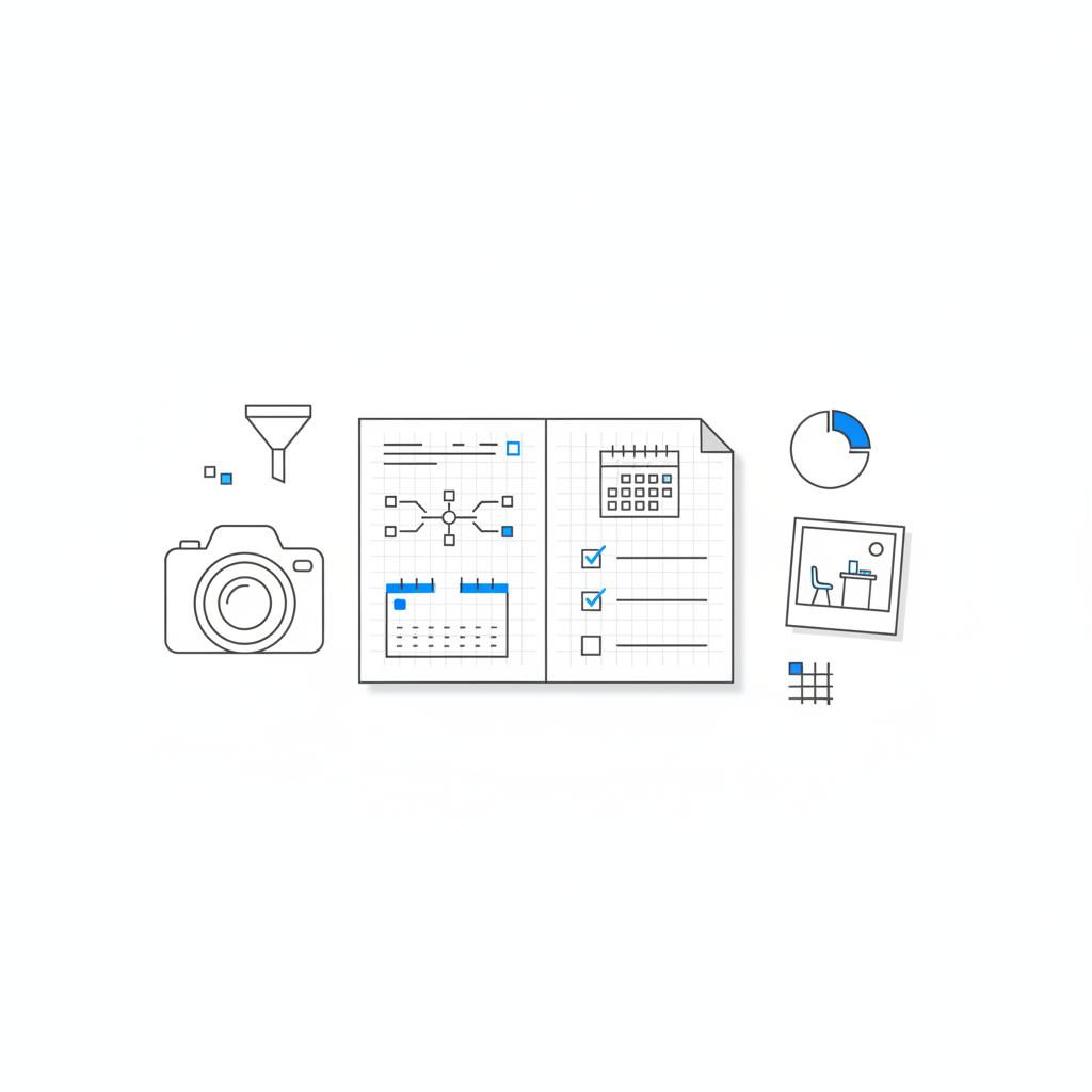 Minimalist vector flat lay of a notebook page, camera lens and printed workshop photo with sketches and a checklist illustrating how to add events in Google using Agency Visible brand colors.