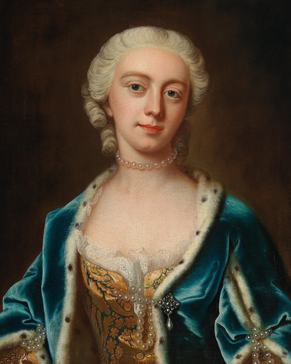 Portrait Of Augusta Princess Of Wales Wearing Pearls And An Ermine Lined Blue Cl