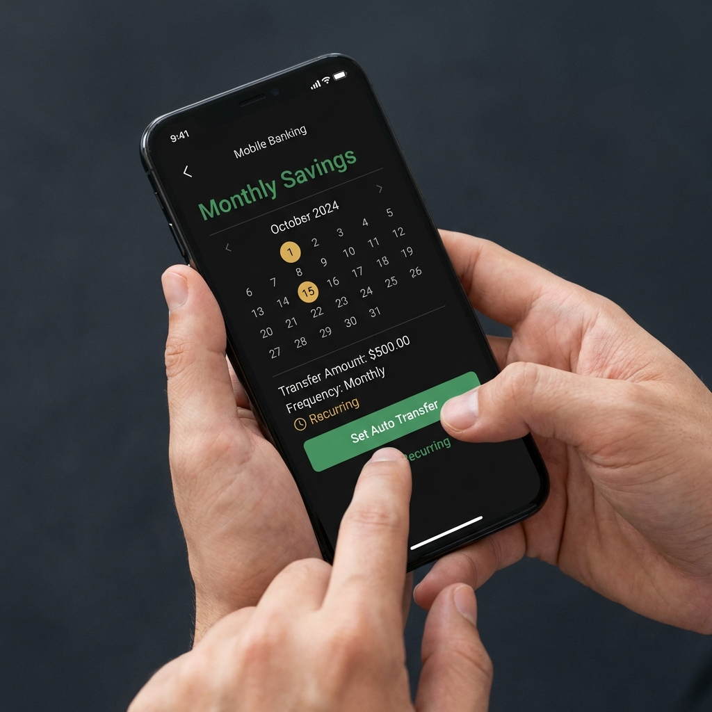 Close up of hands scheduling a monthly auto transfer in a mobile banking app with calendar highlighting recurring dates and Finance Police color accents investing in stock market for beginners