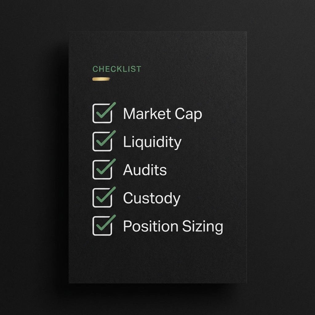 Minimalist close up checklist on dark background showing market cap liquidity audits custody and position sizing for crypto to buy decisions