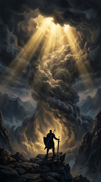 Solitary Warrior Facing a Heavenly Light Through Clouds - Free mobile Wallpaper