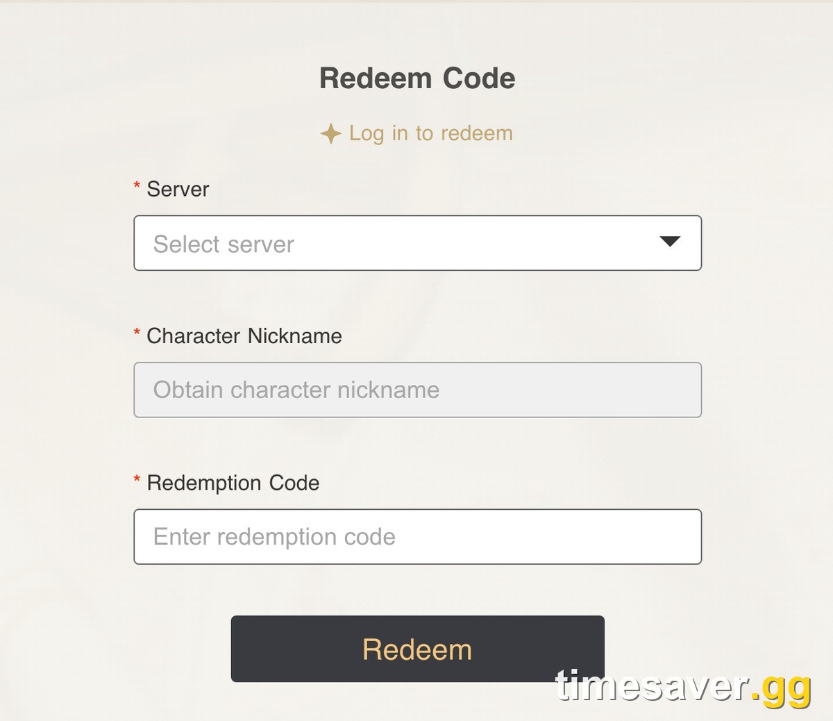 The official Genshin Impact Redeem Code page on genshin.hoyoverse.com, logged out, showing the Log in to redeem prompt and the three required fields: Server, Character Nickname and Redemption Code