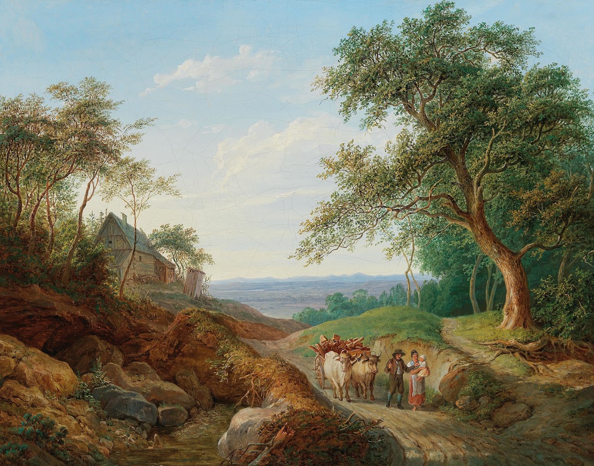 A peasant couple with a timber cart in a vast Danube landscape 1841