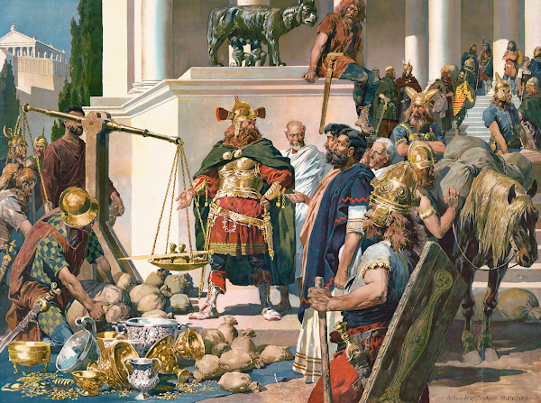Nordic military men negotiating with Romans over gold silver bowls and coins 191