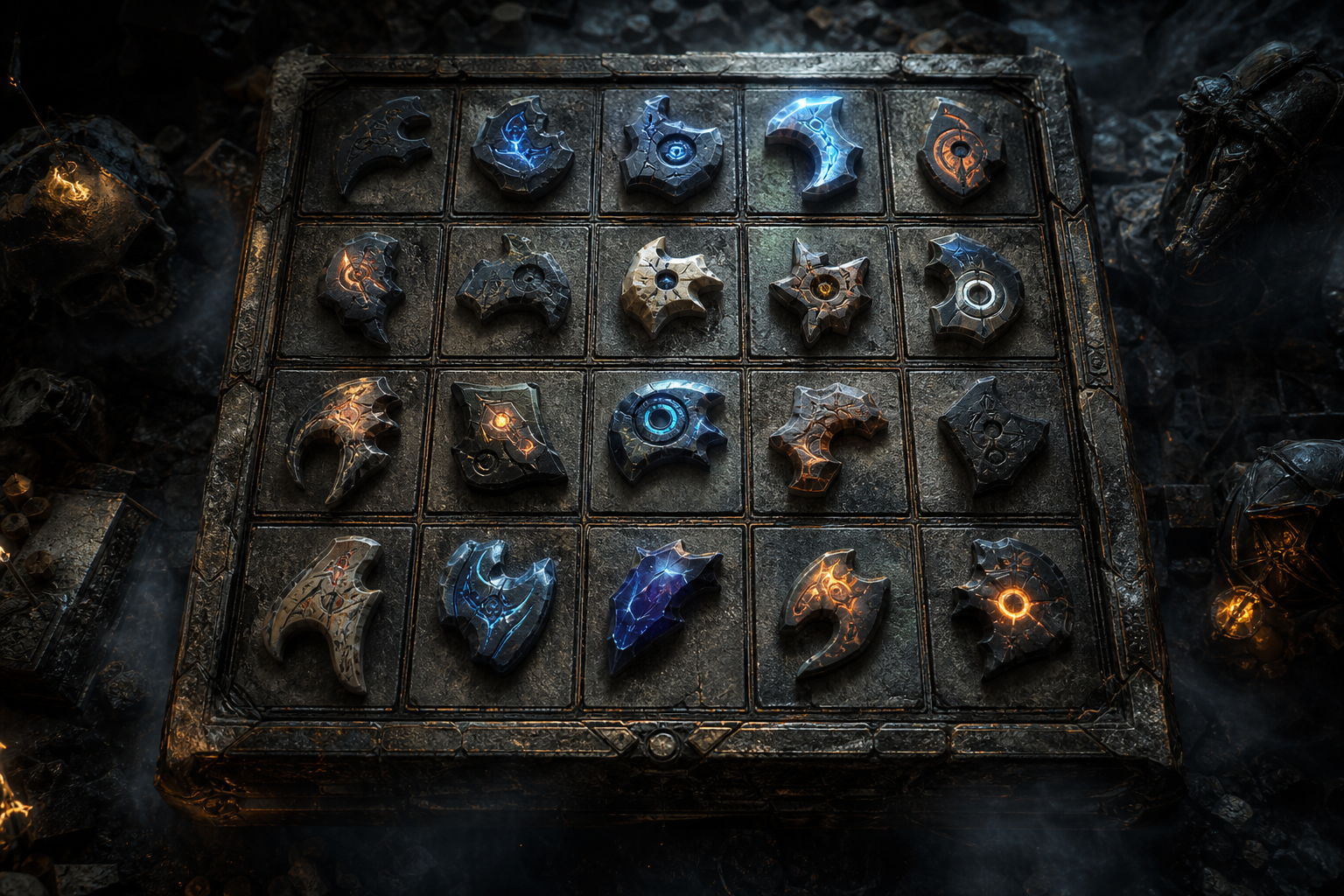 PoE2 carved rune-shape fragments arranged in glowing stone slots