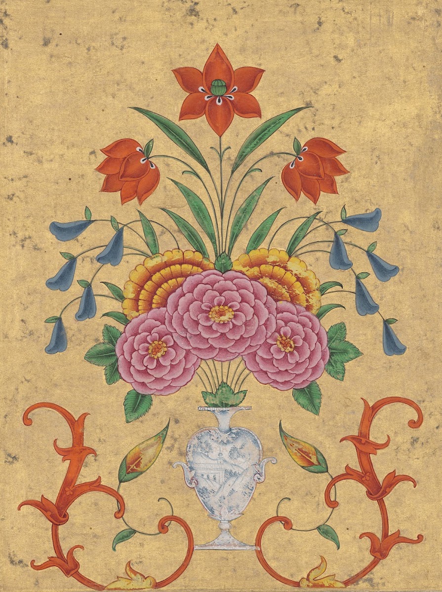 Vase with flower arrangement and scrollwork c 17501800
