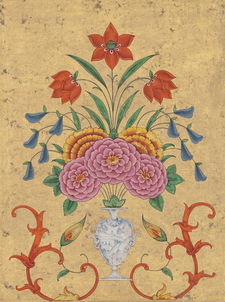 Vase with flower arrangement and scrollwork c 17501800