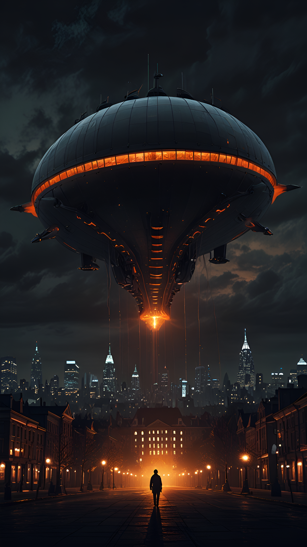 Giant Flying Saucer Hovering Over City at Night with Lone Figure - Free 4K mobile Wallpaper