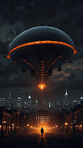 Giant Flying Saucer Hovering Over City at Night with Lone Figure