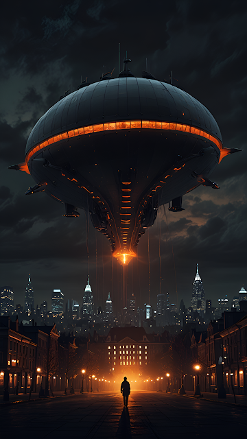 Giant Flying Saucer Hovering Over City at Night with Lone Figure - Free mobile Wallpaper