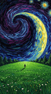 Post-Impressionist Painting of Lone Figure and Massive Cosmic Body Over a Grassy Field