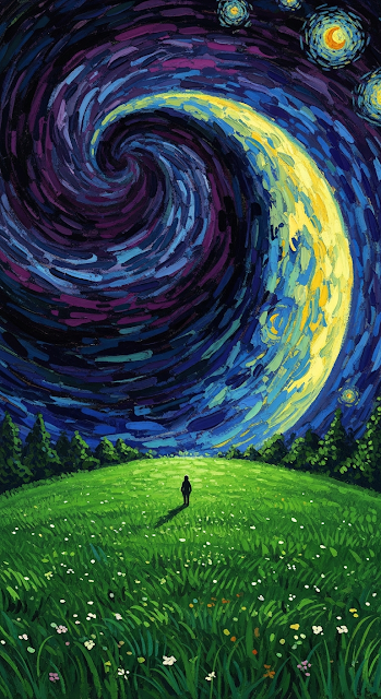 Post-Impressionist Painting of Lone Figure and Massive Cosmic Body Over a Grassy Field - Free mobile Wallpaper