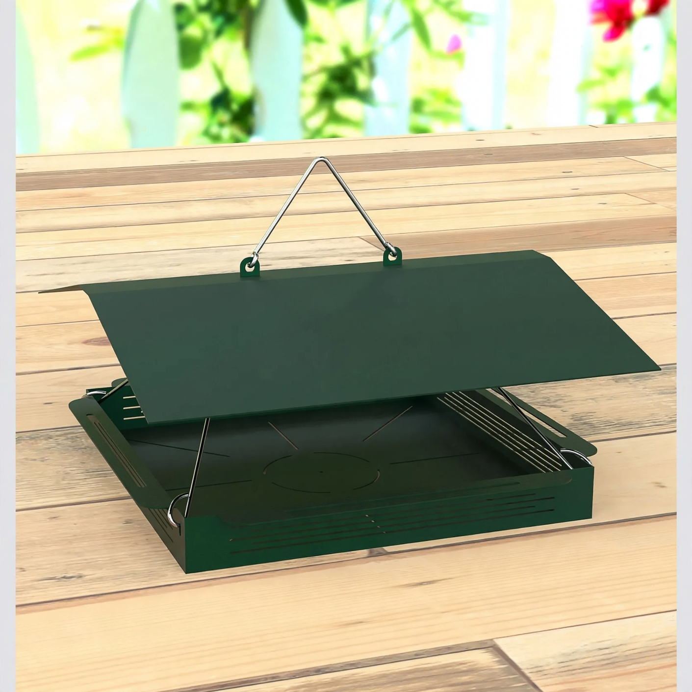 Hanging bird feeder with tray