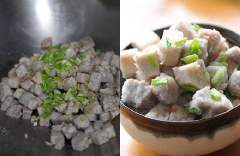 Hành tím cắt lát. Cho hành tím vào chảo phi thơm rồi đổ khoai vào xào. Nêm muối tiêu, chút xíu đường và xóc, đảo nhẹ nhàng để khoai không bị nát. Khi khoai đã ngấm gia vị, rắc chút hành xanh rồi tắt bếp. 