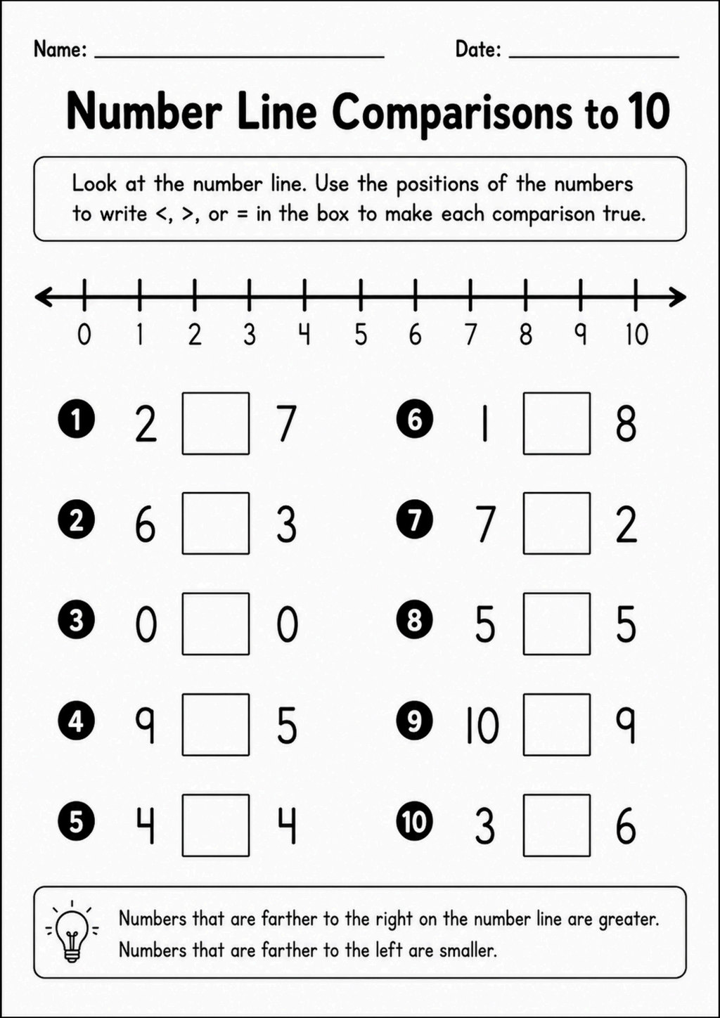 Number Line Comparisons to 10 Worksheet