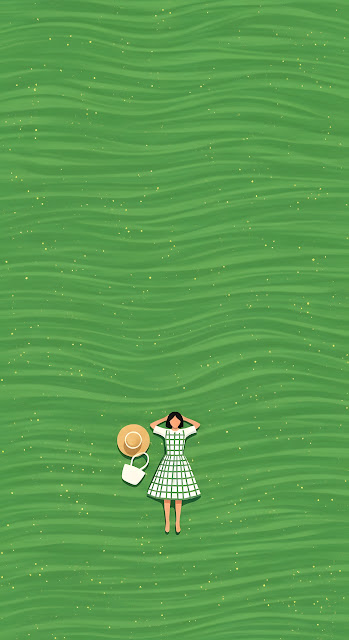 Minimalist Illustration of Woman Relaxing on Green Waves - Free mobile Wallpaper