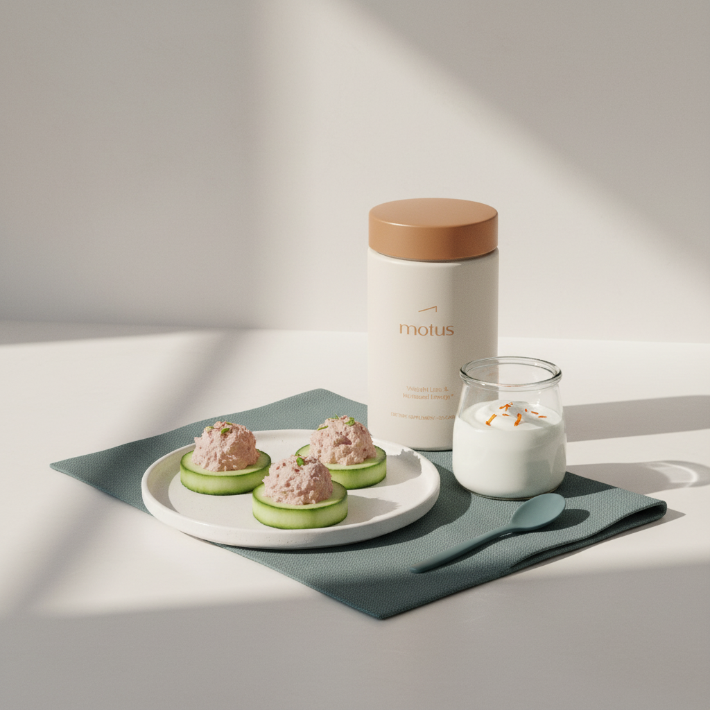 30g protein snack: Tonum Motus container beside a tuna-and-cucumber snack plate and small jar of Greek yogurt on a minimalist counter with Tonum brand colors