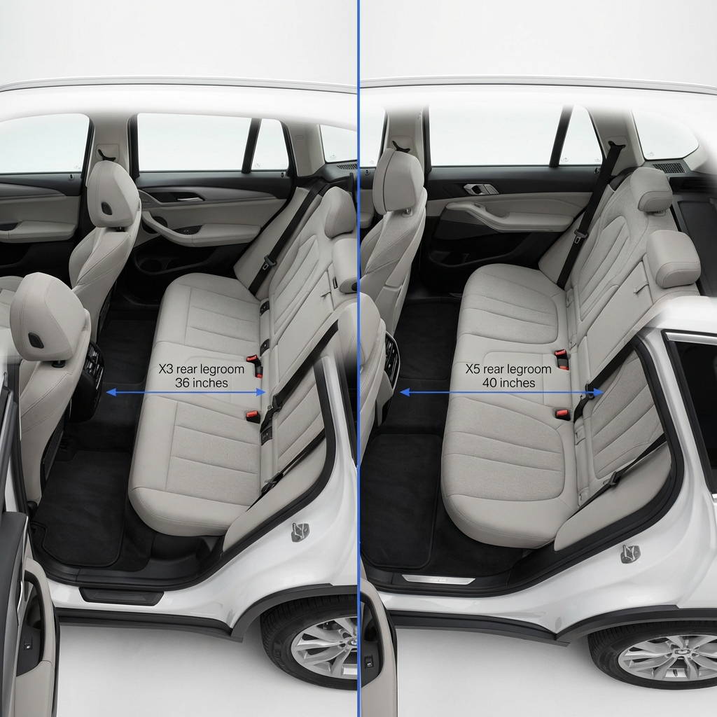 Interior comparison showing rear seat legroom measurements of BMW X5 and BMW X3 side by side bmw x5 for sale