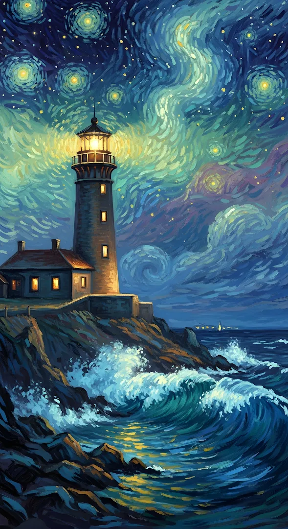 Starry Night Lighthouse on Stormy Cliff Oil Painting