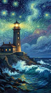Starry Night Lighthouse on Stormy Cliff Oil Painting