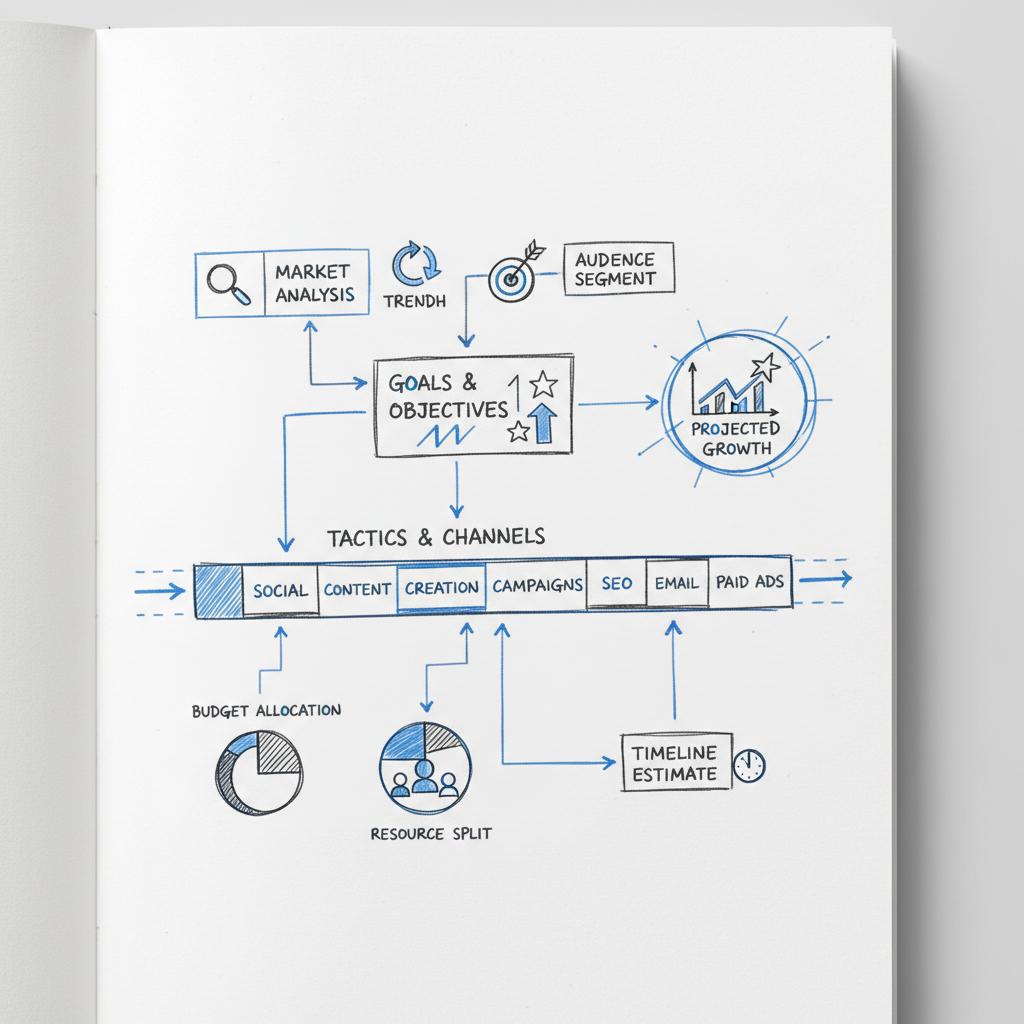 Close-up notebook sketch showing annual costs table, time-tracker timeline and arrows converting costs into a contractor hourly rate in a clean white minimalist layout.