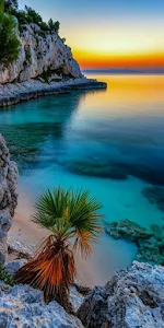 Exotic Beach Cove Turquoise Water Rocky Cliffs Sunset View