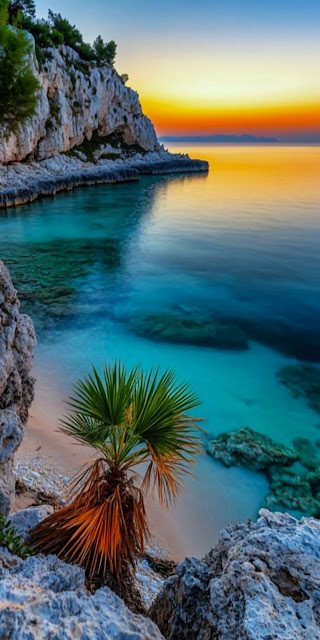 Exotic Beach Cove Turquoise Water Rocky Cliffs Sunset View - Free mobile Wallpaper