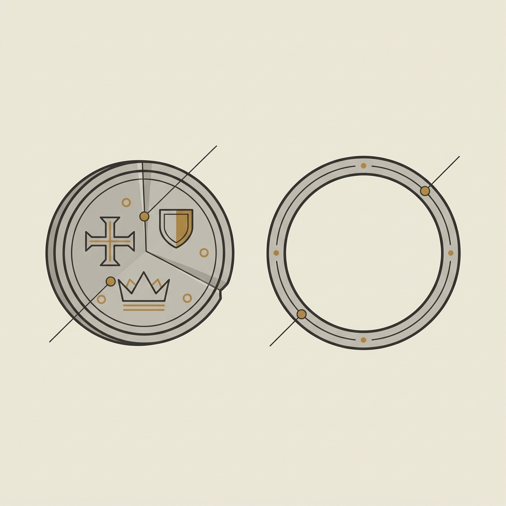 Minimal vector illustration of a folded medieval coin beside a separate bezel with callout markers showing creases and solder lines ancient coin ring