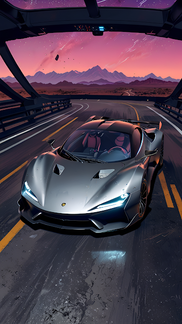 Concept Hypercar Racing on Elevated Road at Twilight Sunset - Free mobile Wallpaper