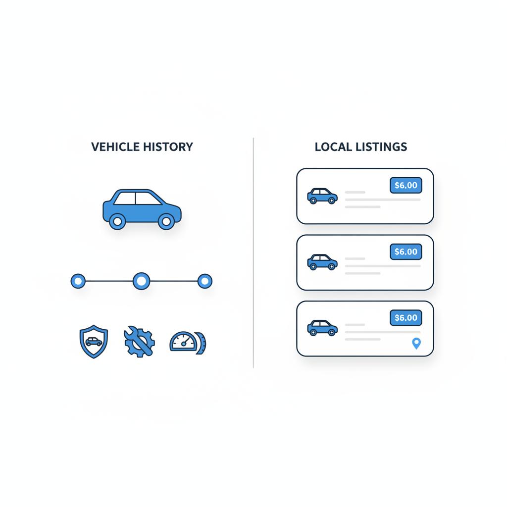 Minimalist vector split screen showing a vehicle history report summary and local listings grid illustrating a car value calculator concept