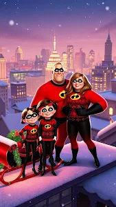 Incredibles Family on Snowy Rooftop at Dusk