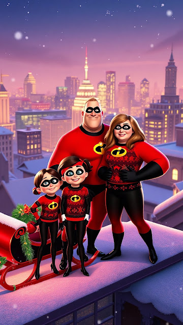 Incredibles Family on Snowy Rooftop at Dusk - Free mobile Wallpaper