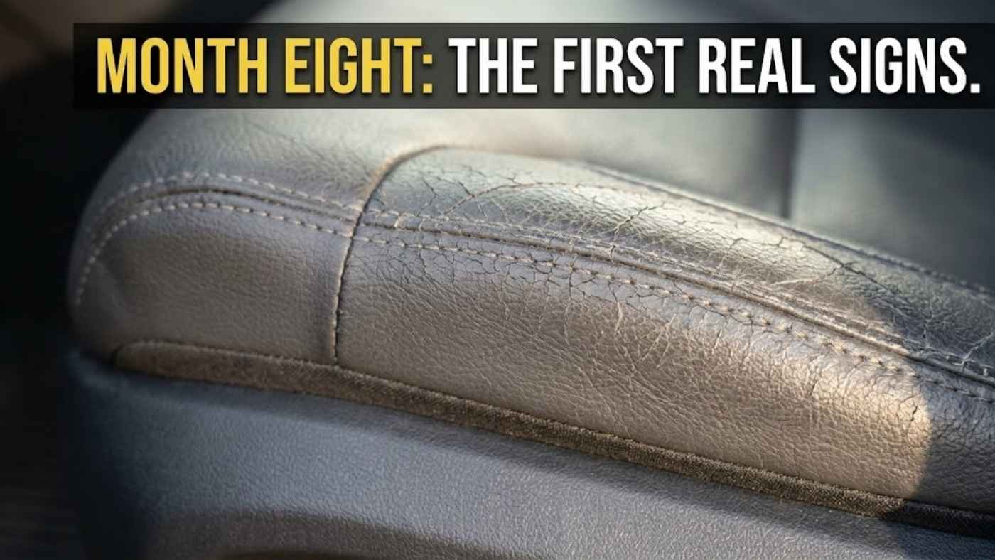 Fine cracking at the bolster edge of an unprotected leather seat in a 2027 Toyota Tundra Platinum