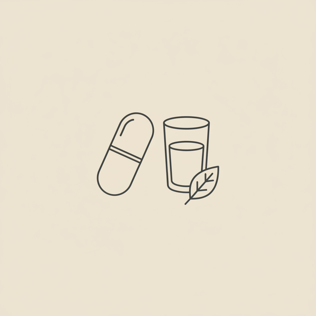 Minimal Tonum-style line illustration of a capsule, glass of water and small leaf on beige background symbolizing supplementation and daily routine — how quickly does magnesium glycinate work