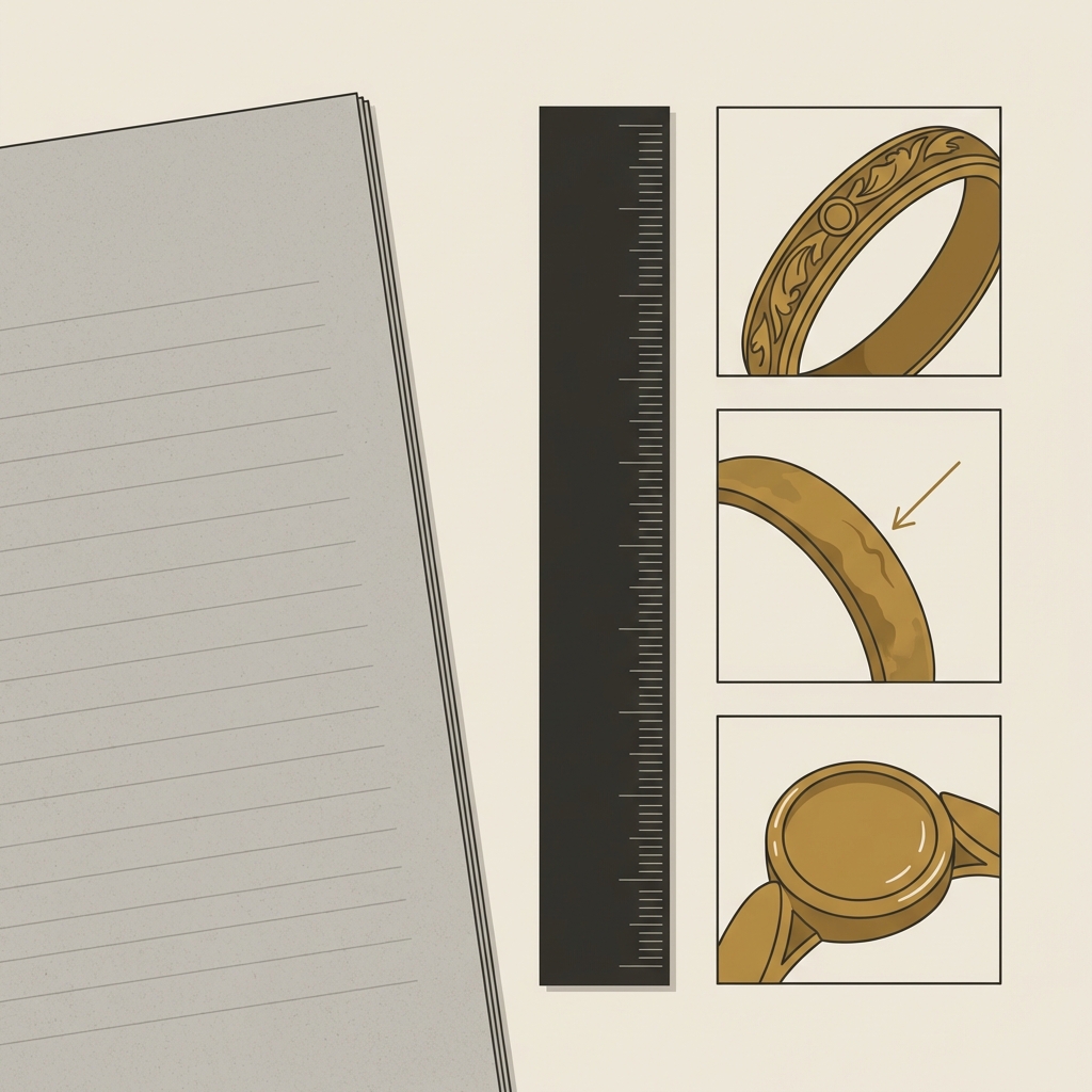 Minimalist archival flatlay of a conservation report ruler and three annotated closeup photos of an antique knights templar ring on a neutral background