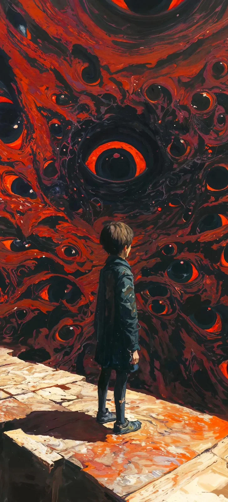 Boy Facing the Crimson Abyss - Dark Fantasy Art Full HD iPhone Wallpaper (1080x2378)