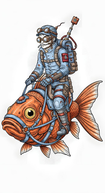 Steampunk Figure Riding Giant Orange Goldfish - Free mobile Wallpaper