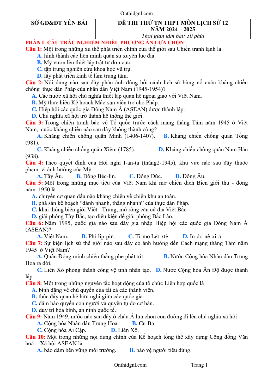 Đề Thi Thử Tốt Nghiệp 2025 Lịch Sử Sở GD Yên Bái Giải Chi Tiết pdf