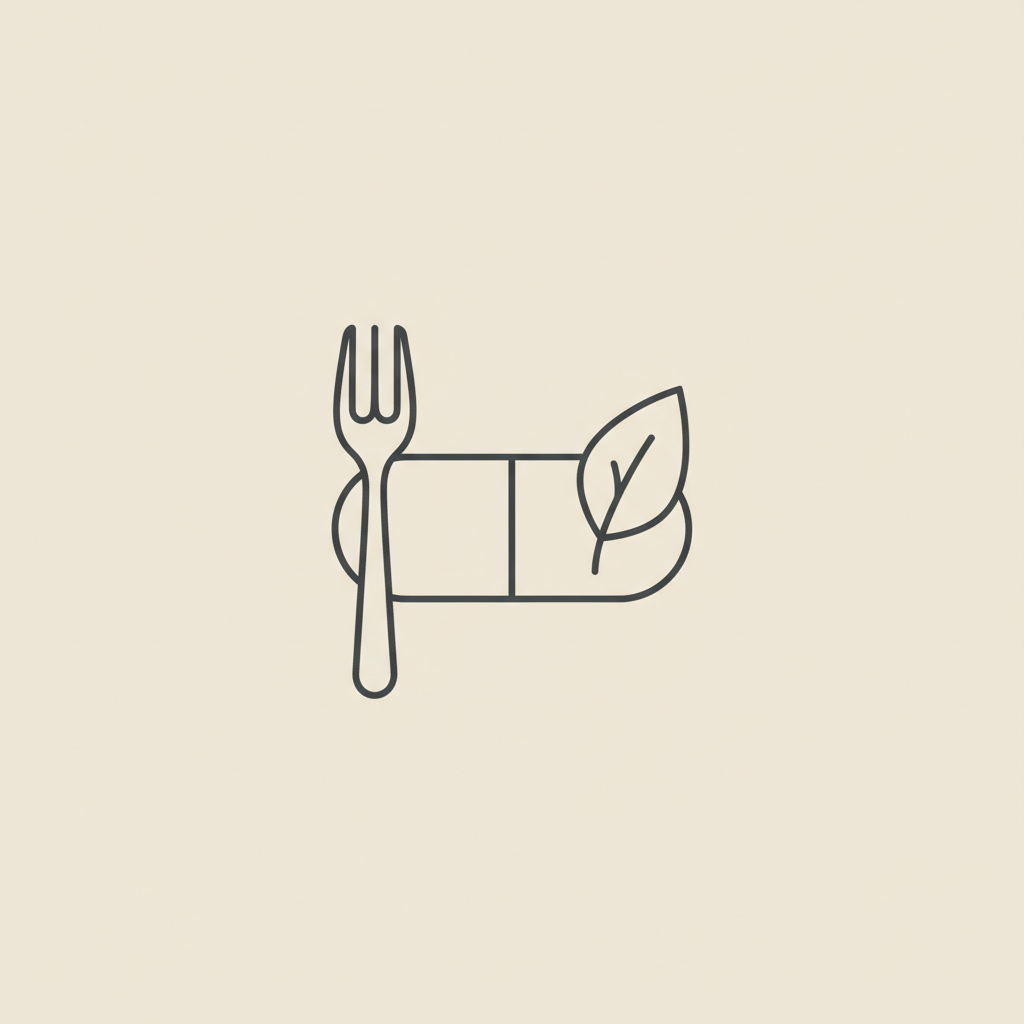 Minimalist line illustration of a capsule flanked by a fork and small leaf on beige background representing a weight suppressant pill and natural ingredients.