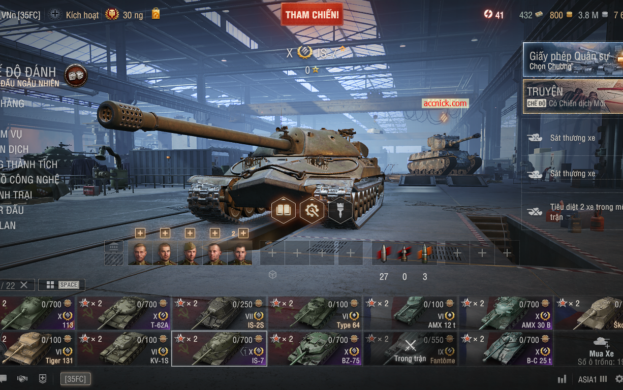 Acc World of Tanks PC gồm 6 tank X BZ-75, 113, IS-7, T-62A,...