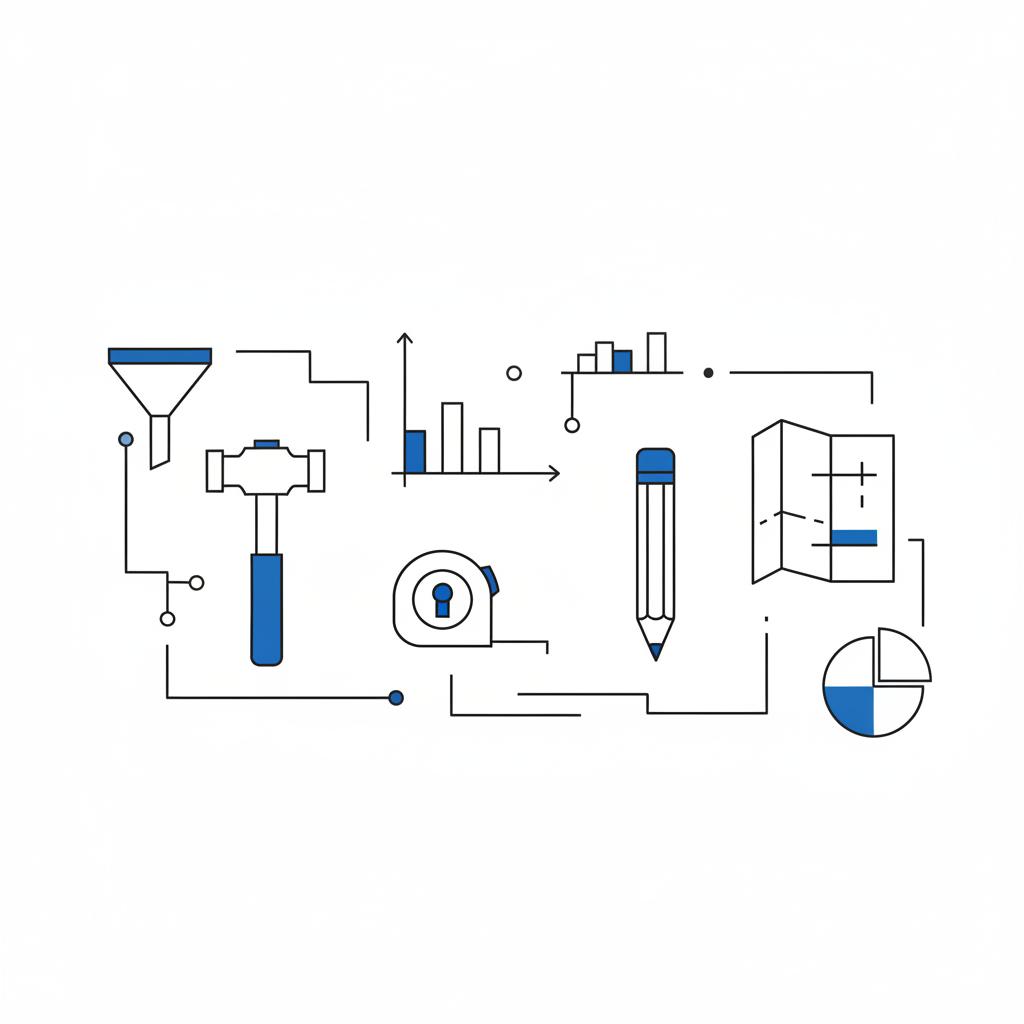 Minimal vector layout of contractor tools (hammer, measuring tape, pencil, folded blueprint) with subtle blue chart overlays showing lead channels on white background &mdash; best contractor lead service