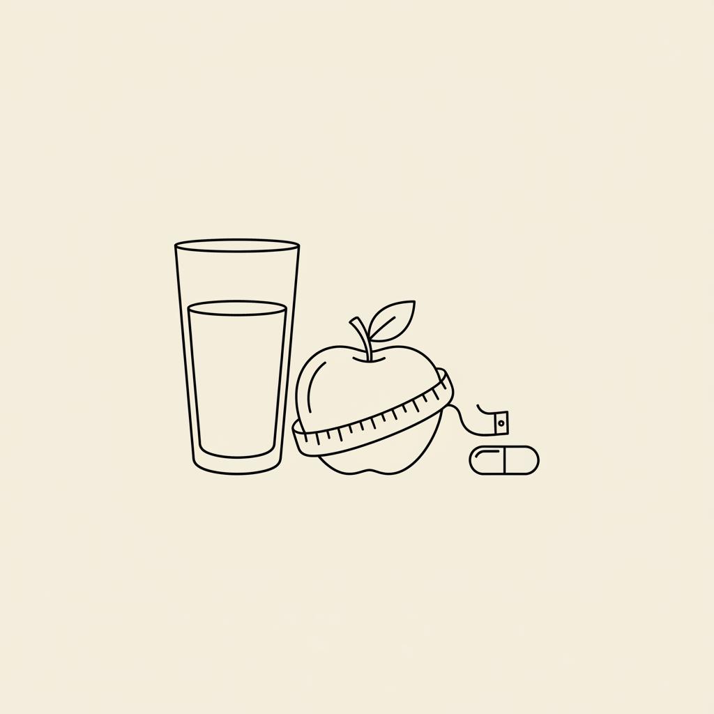 Minimal Tonum-style line drawing of a water glass, tape measure around an apple, and a capsule on beige background, symbolizing cutting sugar.