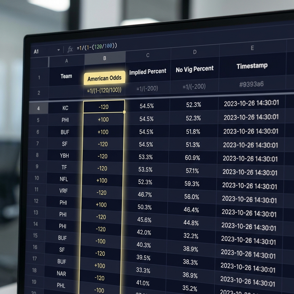 Close up spreadsheet showing NFL teams American odds implied percent no vig percent and timestamps in a minimalist Funded Plays dark theme nfl teams odds to win super bowl