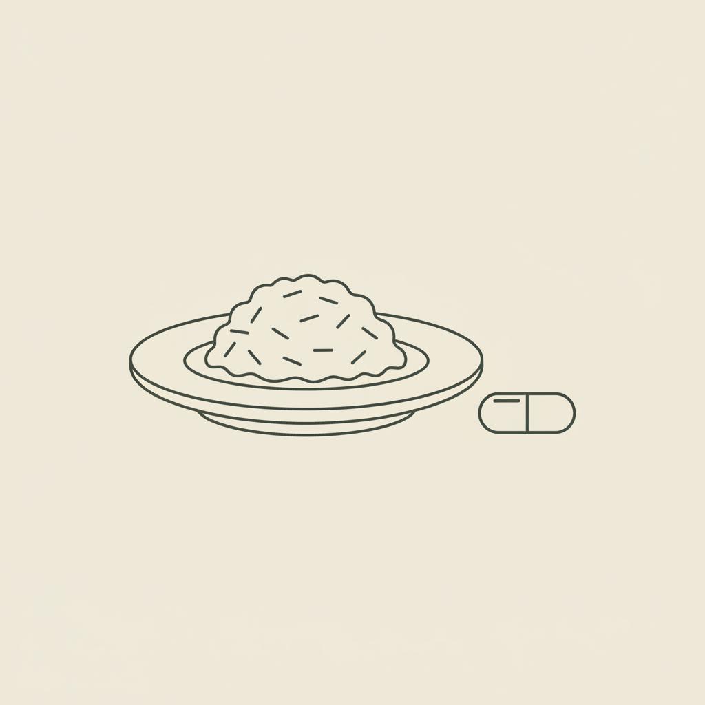 Minimal Tonum-style line illustration of a plate of rice with a capsule beside it on a beige background, representing a natural sugar blocker