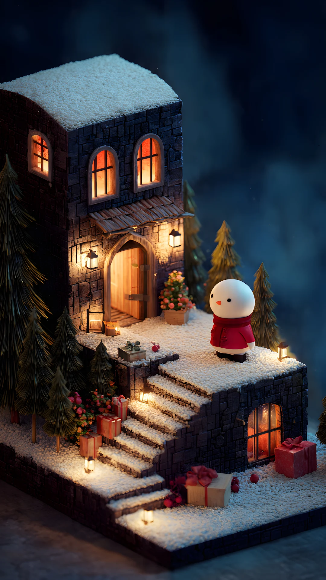 Whimsical Miniature Snowy Stone Cabin Christmas Scene - Free 4K mobile Wallpaper