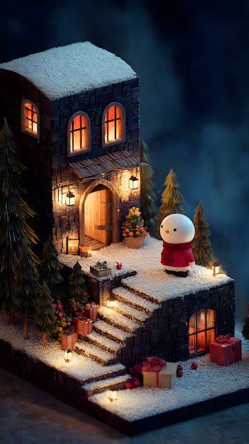 Whimsical Miniature Snowy Stone Cabin Christmas Scene - Free mobile Wallpaper