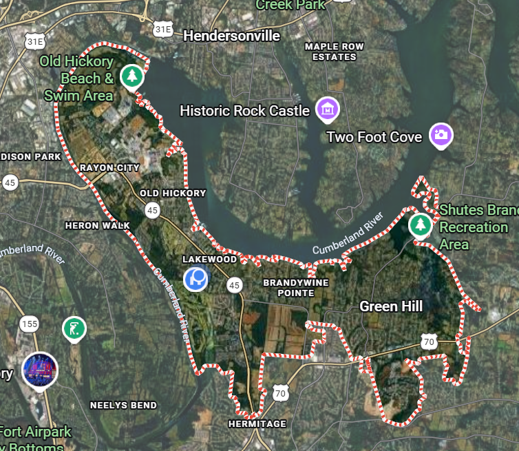 Google map showing the wider Old Hickory area boundary in Nashville, Tennessee.