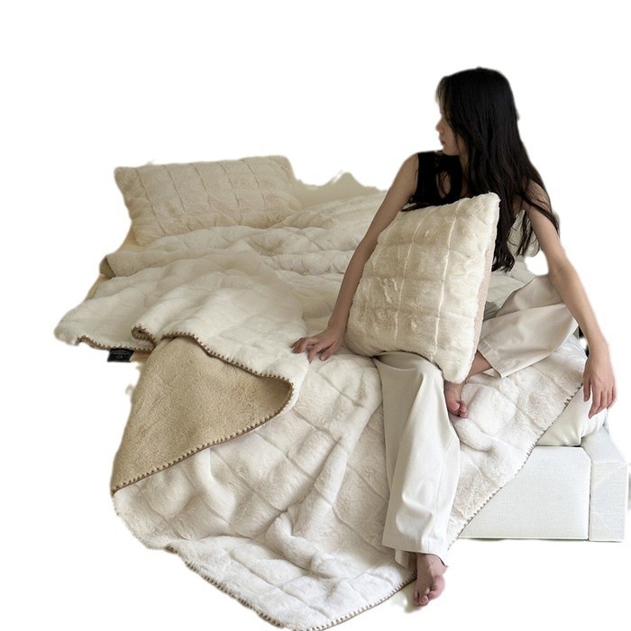 Scandinavian Faux Fur Throw Blanket with Check Pattern